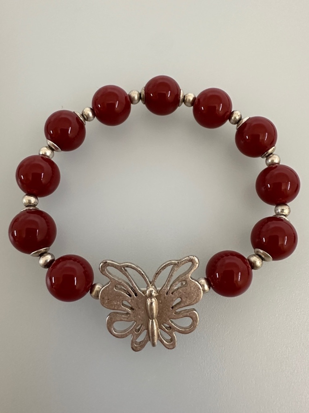 925 sterling silver Red Coral Bracelet with Silver Butterfly Accent